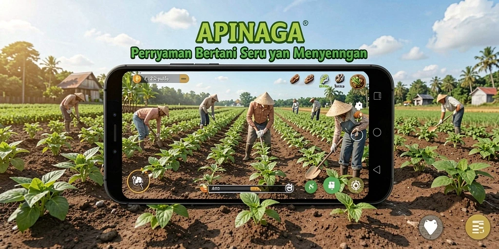 Tampilan screenshot gameplay APINAGA menunjukkan keseruan bertani di ladang yang indah.