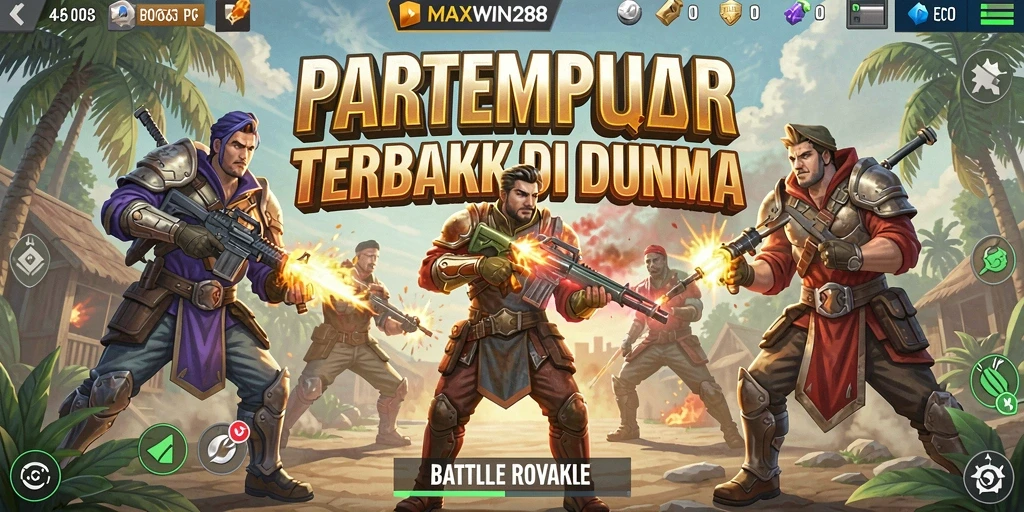 Screenshot gameplay MAXWIN288 menampilkan aksi intens dalam pertempuran Battle Royale.