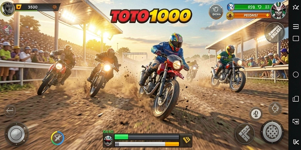 Tampilan gameplay mendebarkan dari TOTO1000 dengan balapan motor kompetitif.